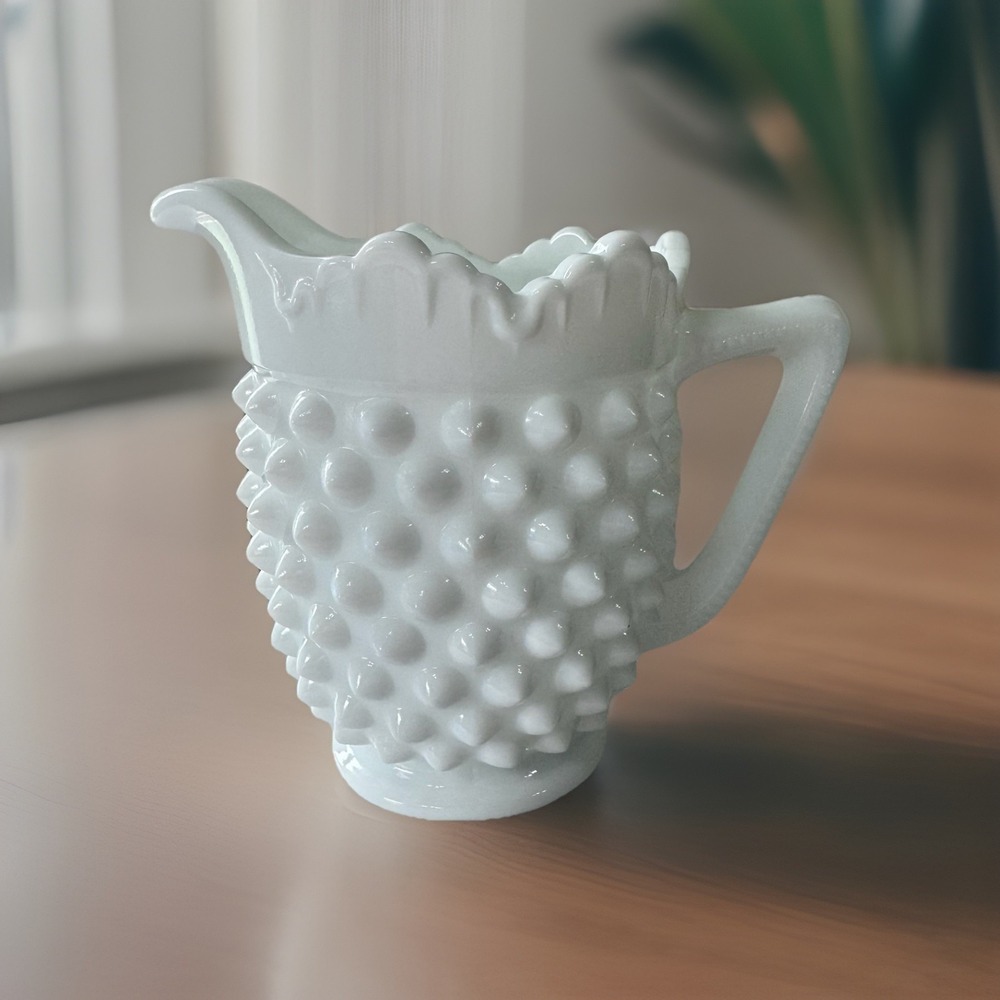 Vintage Fenton Milk Glass Hobnail Footed Crown Top Creamer 4" Tall 3" width